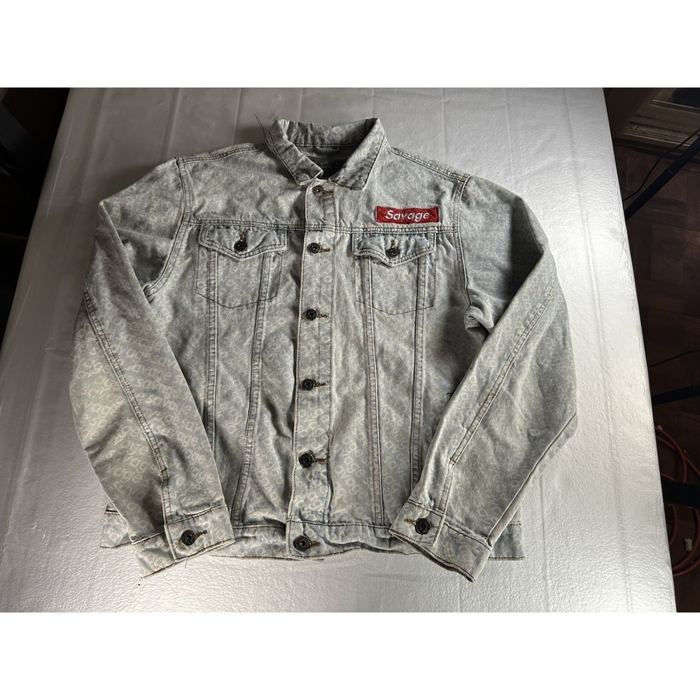 Savage Denim Jacket Mens Large Monogram Logo Print Trucker Jean Jacket‎ Y2K